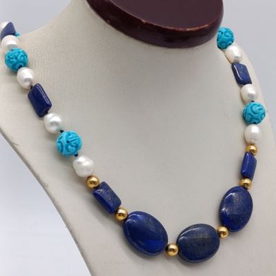 Vintage necklace with Lapis, Pearls, Turquoise and gold beads