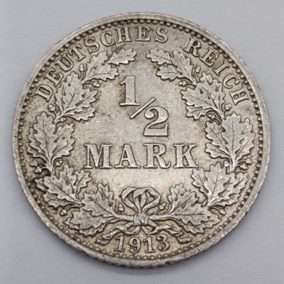 1913 J silver German reich half mark - VF+