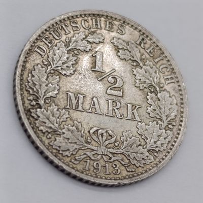 1913 J silver German reich half mark - VF+