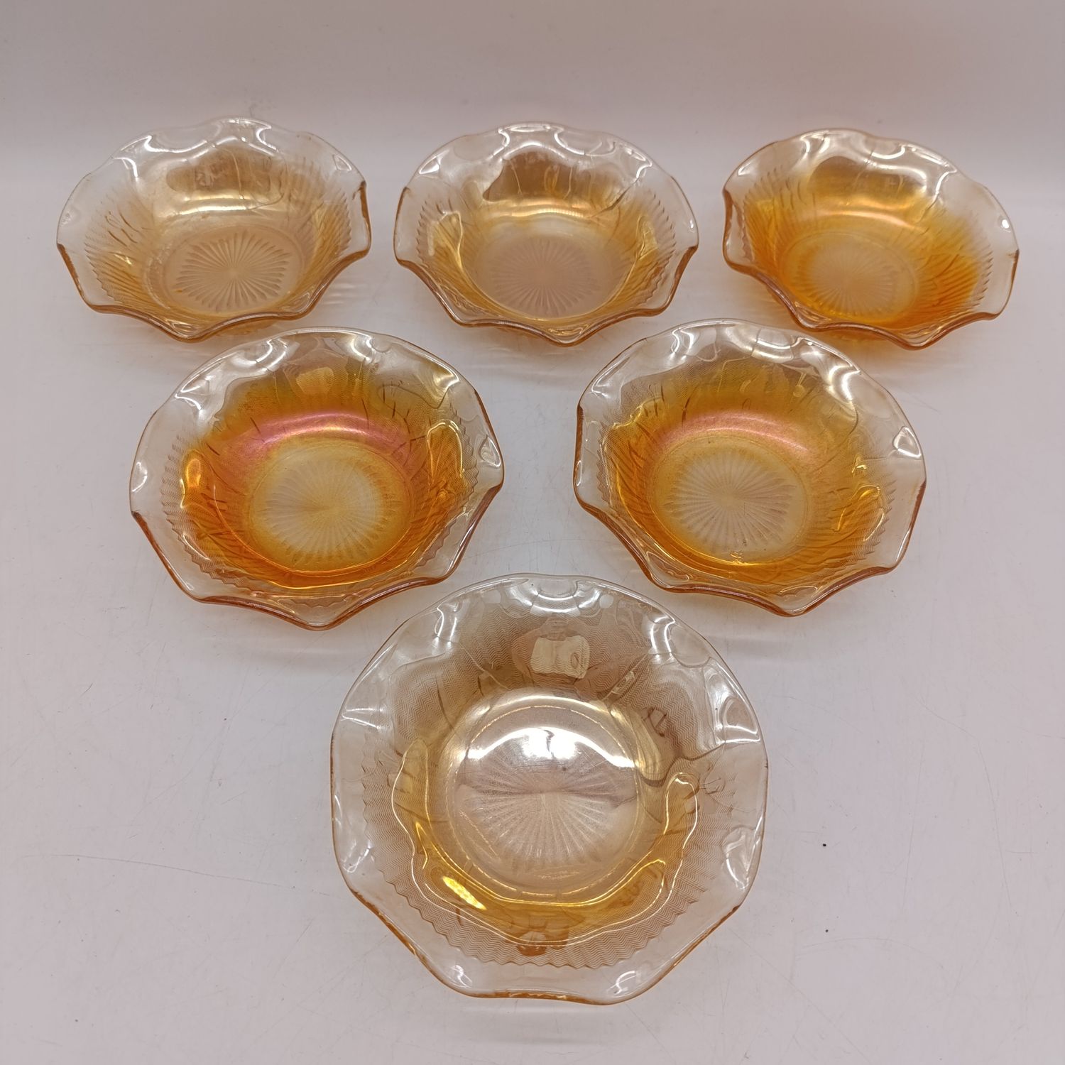 Set of 6 Marigold Carnival glass ruffled berry bowls - Iris and Herringbone pattern - Jeannette Glass Company