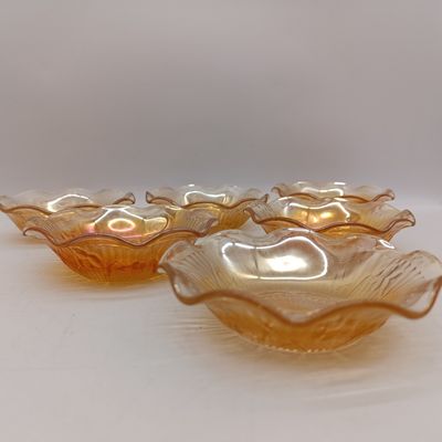 Set of 6 Marigold Carnival glass ruffled berry bowls - Iris and Herringbone pattern - Jeannette Glass Company