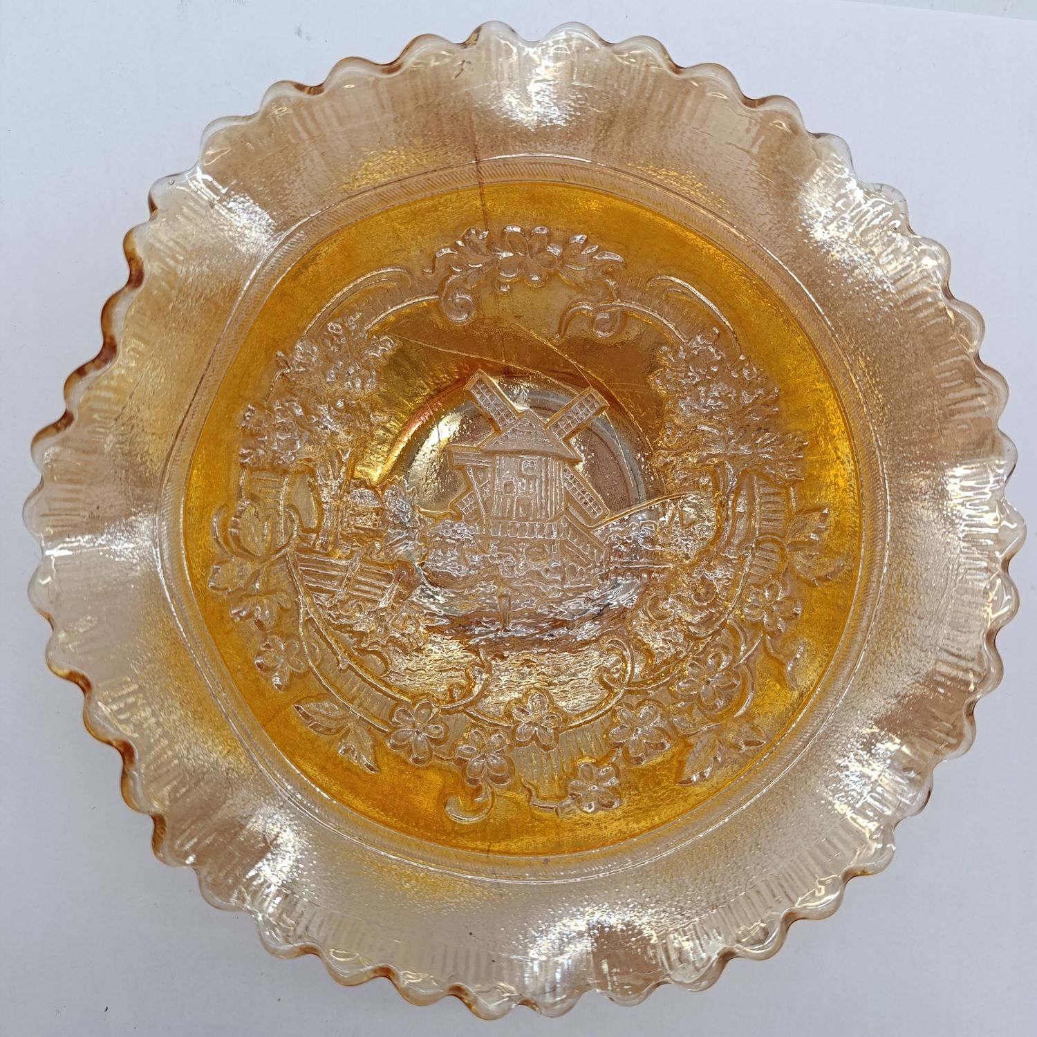 Imperial glass Company windmill pattern - ruffled bowl - marigold iridescent glass