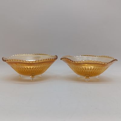 Pair of Marigold carnival glass 3-footed nut/candy bowls - Fine rib/ Diamond point Indiana glass company with beaded rim - 1960's