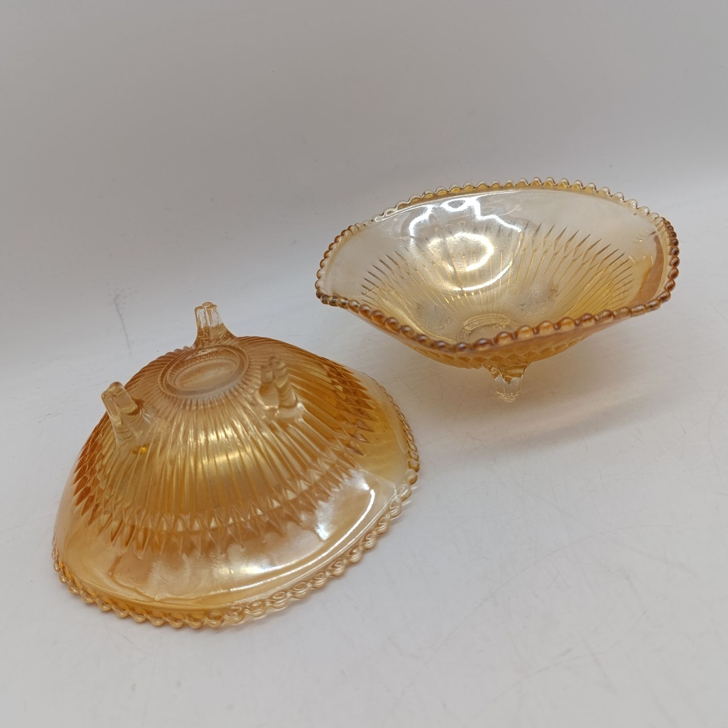 Pair of Marigold carnival glass 3-footed nut/candy bowls - Fine rib/ Diamond point Indiana glass company with beaded rim - 1960's