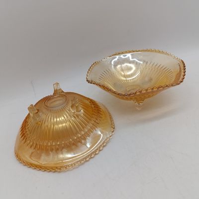 Pair of Marigold carnival glass 3-footed nut/candy bowls - Fine rib/ Diamond point Indiana glass company with beaded rim - 1960's
