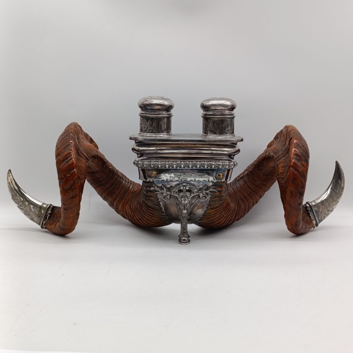 Double Ink stand trophy - 1892 first prize for tent pegging to Sergeant Major Morton F.V.A. (Falkirk volunteer Highlander) - Rams horn and silver plate - Absolutely stunning