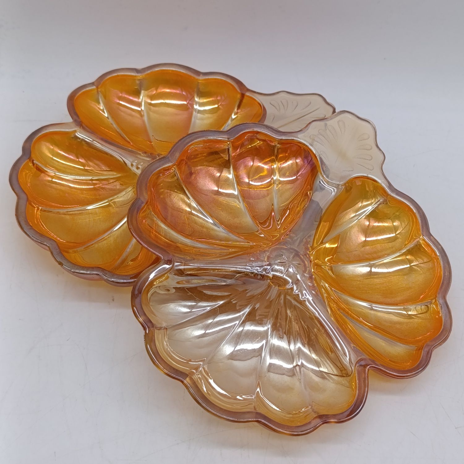 Set of 2 Marigold Carnival glass cloverleaf sides - Jeannette Glass 1950's