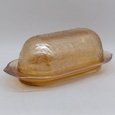 Jeannette glass Flora gold pattern butter dish - 1950's