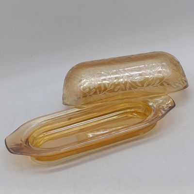 Jeannette glass Flora gold pattern butter dish - 1950's