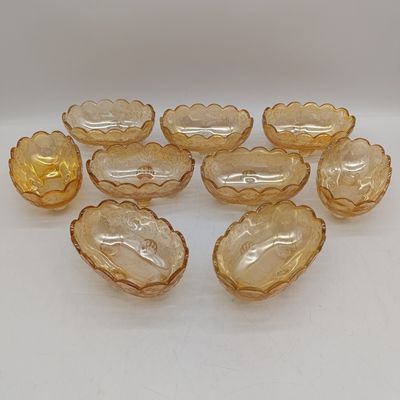 Lot of 9 Jeannette Glass Floragold Louisa Iridescent Carnival glass footed oval candy dishes (1950-1954)