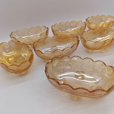 Lot of 9 Jeannette Glass Floragold Louisa Iridescent Carnival glass footed oval candy dishes (1950-1954)