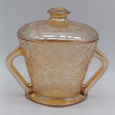 Jeannette Glass large lidded sugar bowl - Floragold collection 2-handled