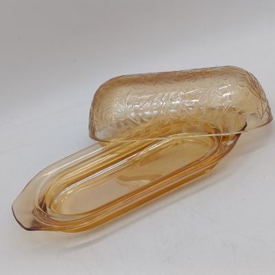 Jeannette glass Flora gold pattern butter dish - 1950's