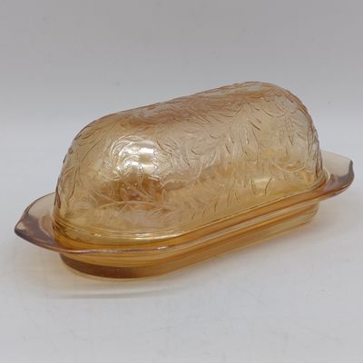 Jeannette glass Flora gold pattern butter dish - 1950's