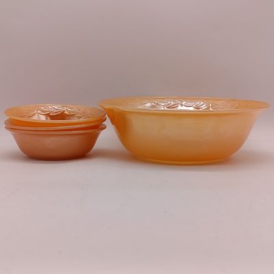 Peach Lusterware "Laurel Leaf" large serving bowl (1952-1963) with 3 small bowls