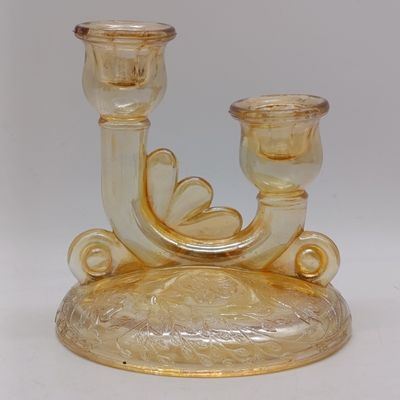 Pair of Jeannette Glass Floragold Golden peach Iridescent Carnival glass double candle stick holders - 1950-1954