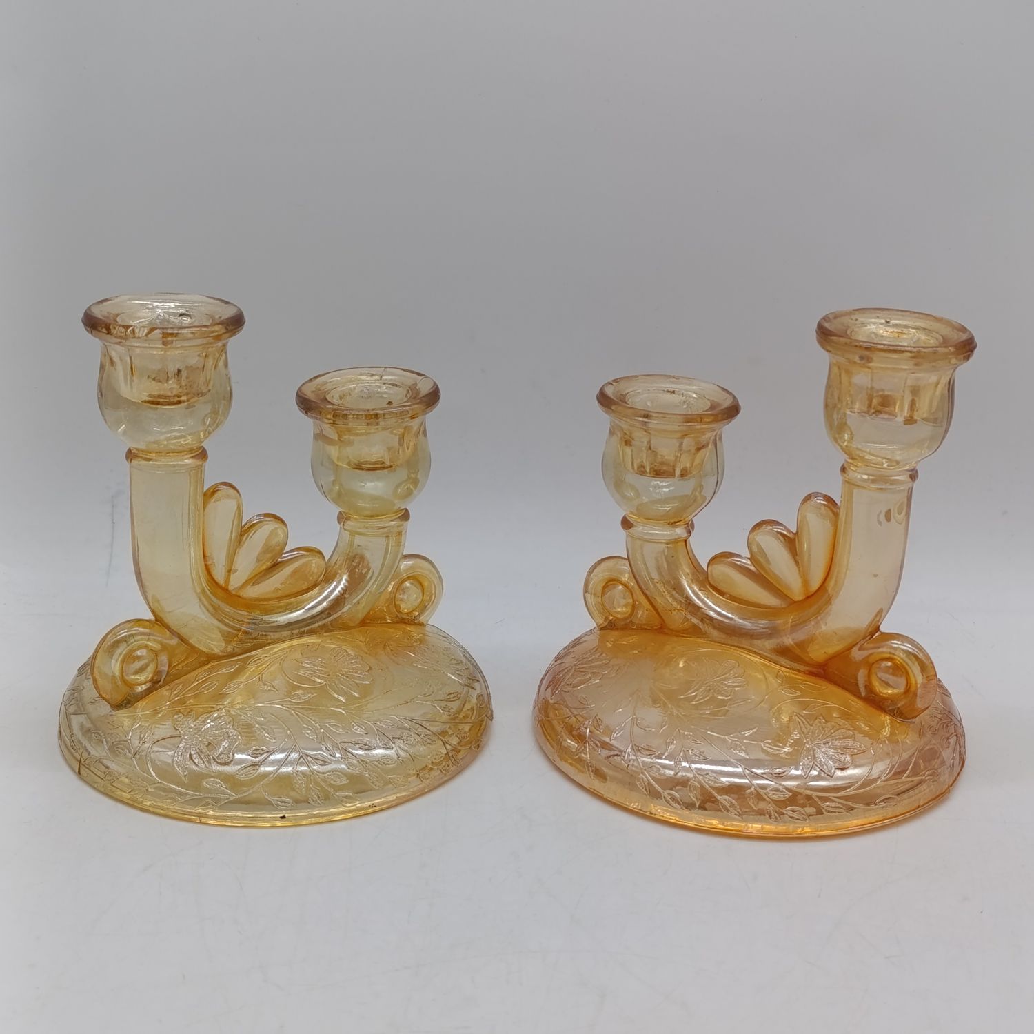 Pair of Jeannette Glass Floragold Golden peach Iridescent Carnival glass double candle stick holders - 1950-1954