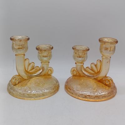 Pair of Jeannette Glass Floragold Golden peach Iridescent Carnival glass double candle stick holders - 1950-1954