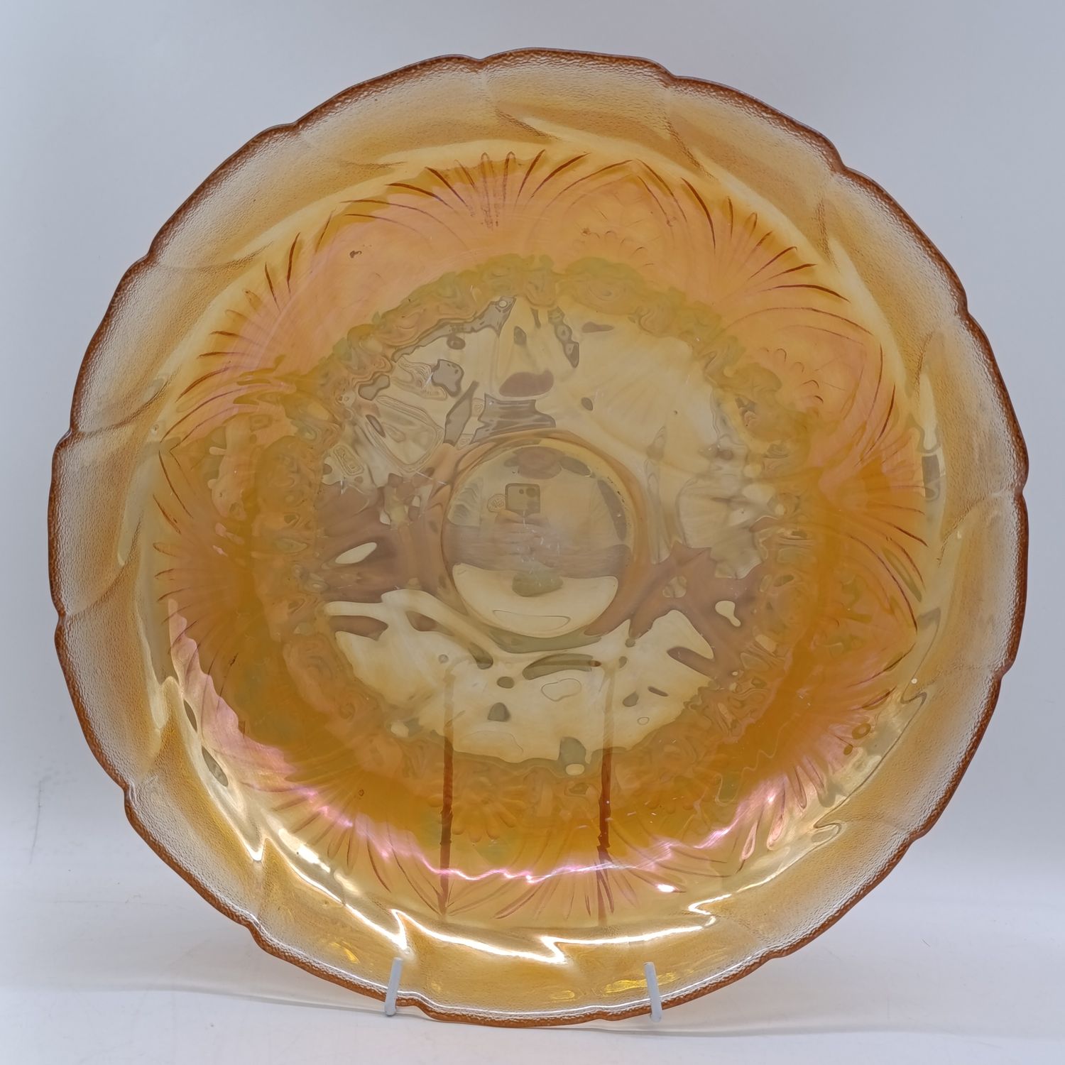 Indiana Glass "Lily pons" Marigold Iridescent Carnival glass ruffled bowl