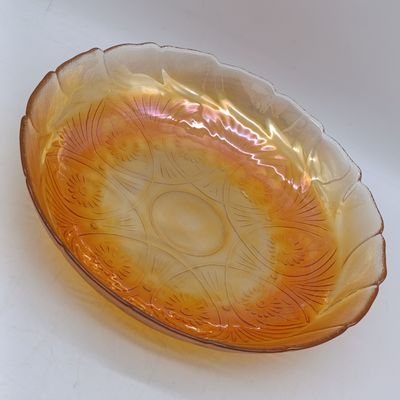 Indiana Glass "Lily pons" Marigold Iridescent Carnival glass ruffled bowl