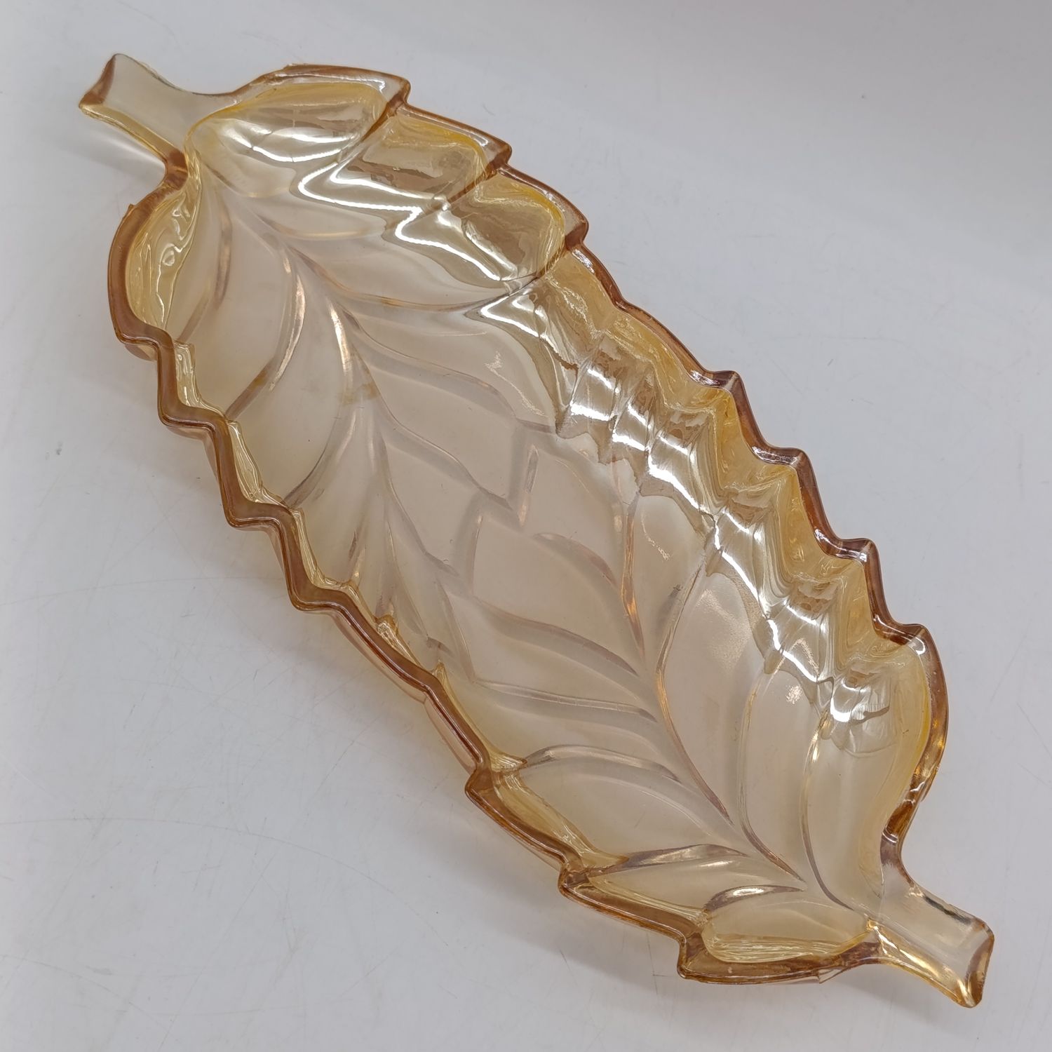 Indiana Glass Amber Carnival glass leaf dish