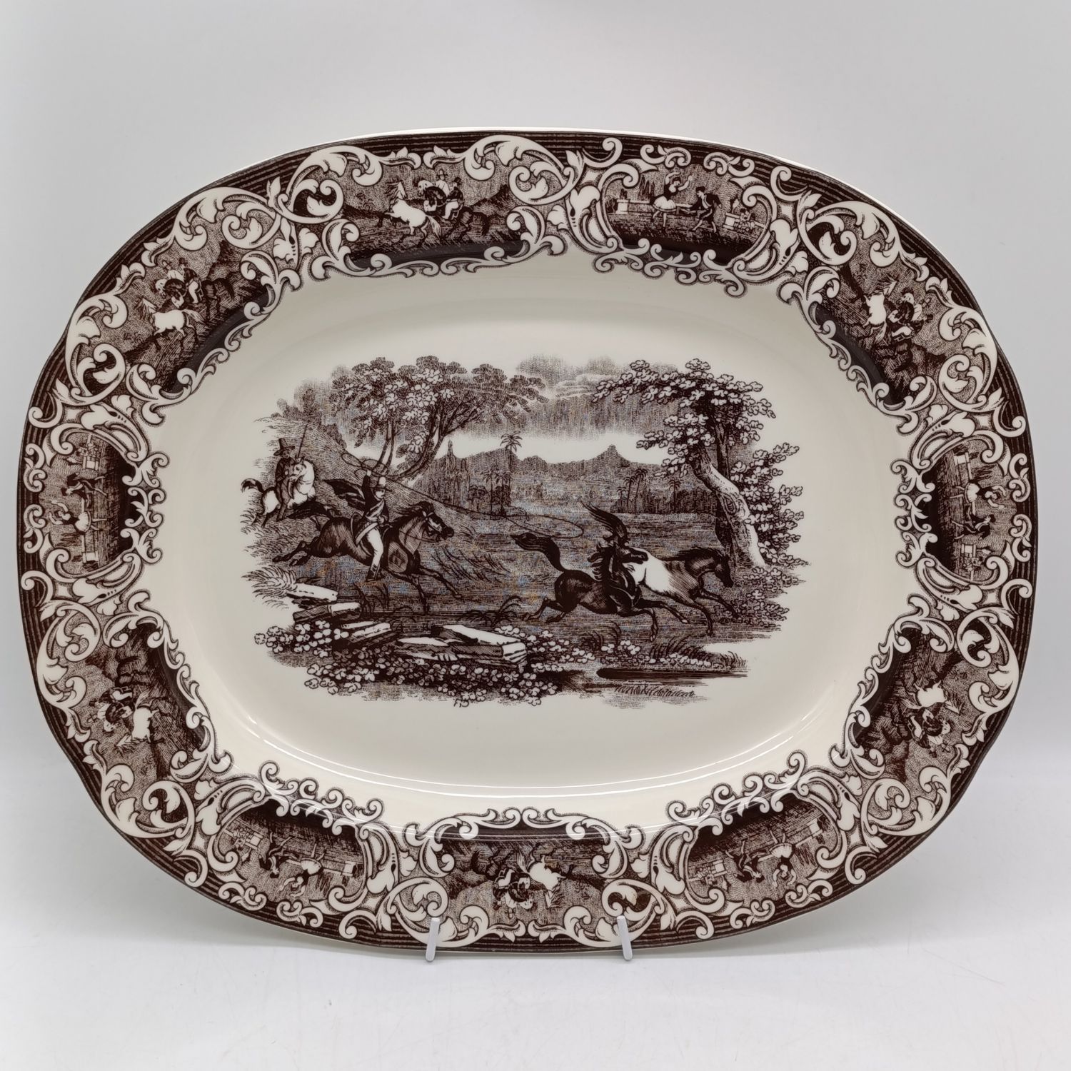 Vintage English Brown transferware oval platter - horseback riders trying to lasso wild horses