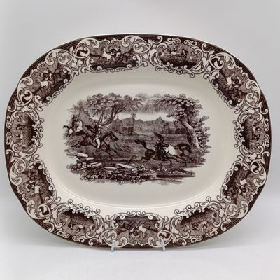 Vintage English Brown transferware oval platter - horseback riders trying to lasso wild horses
