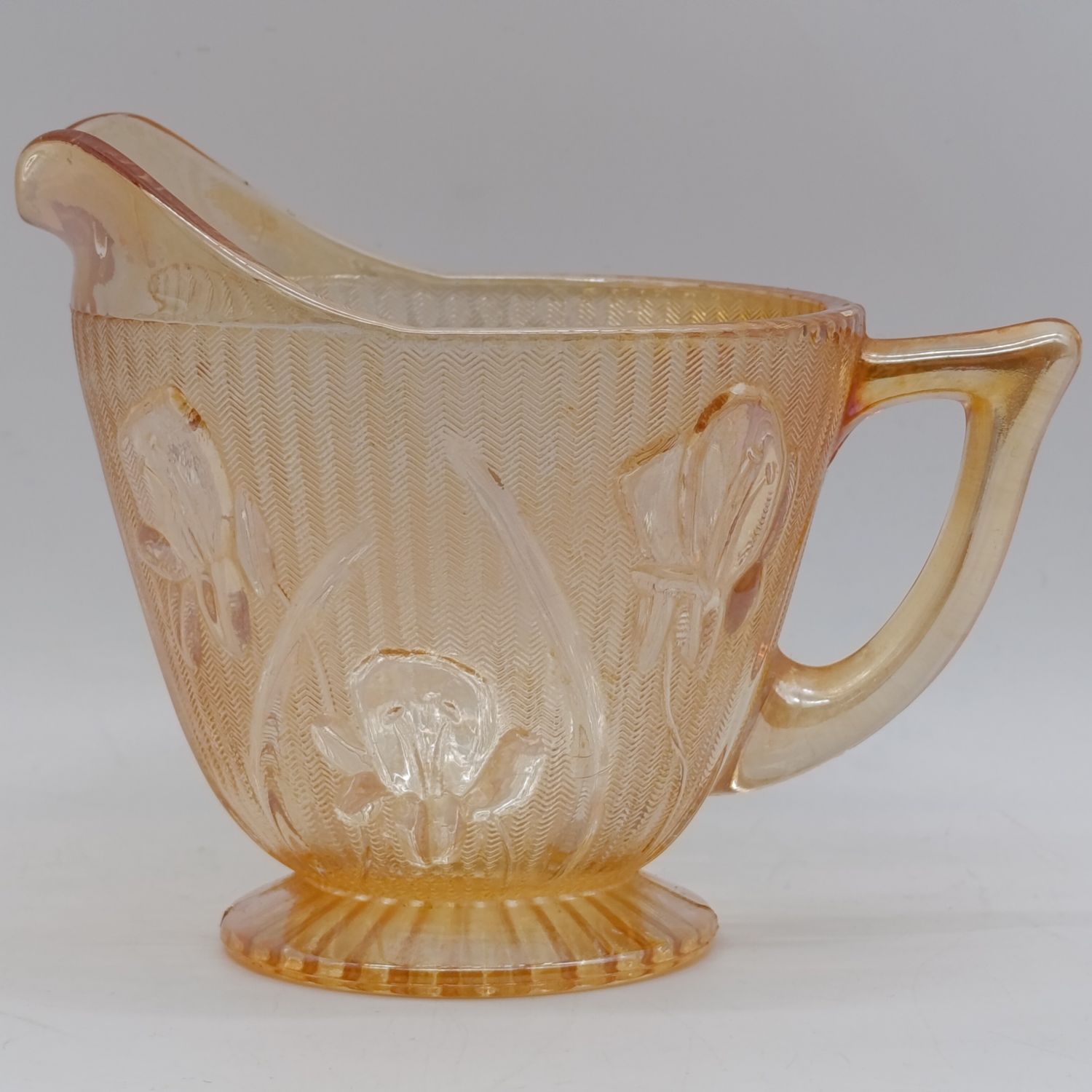 Jeannette glass Iris and Herringbone pattern marigold Iridescent Carnival glass - cream pitcher - 1928-1932