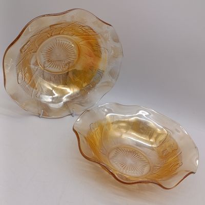 Pair of Jeanette glass Iris and Herringbone Marigold  Iridescent Ruffled bowls - 10 inches