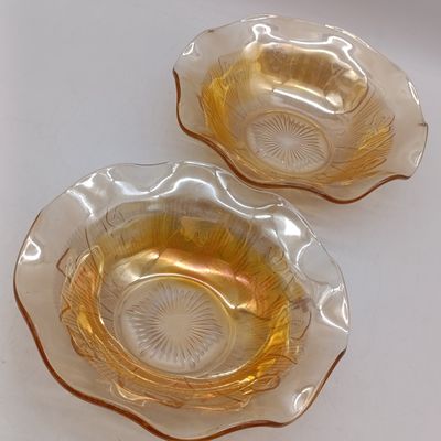 Pair of Jeanette glass Iris and Herringbone Marigold  Iridescent Ruffled bowls - 10 inches