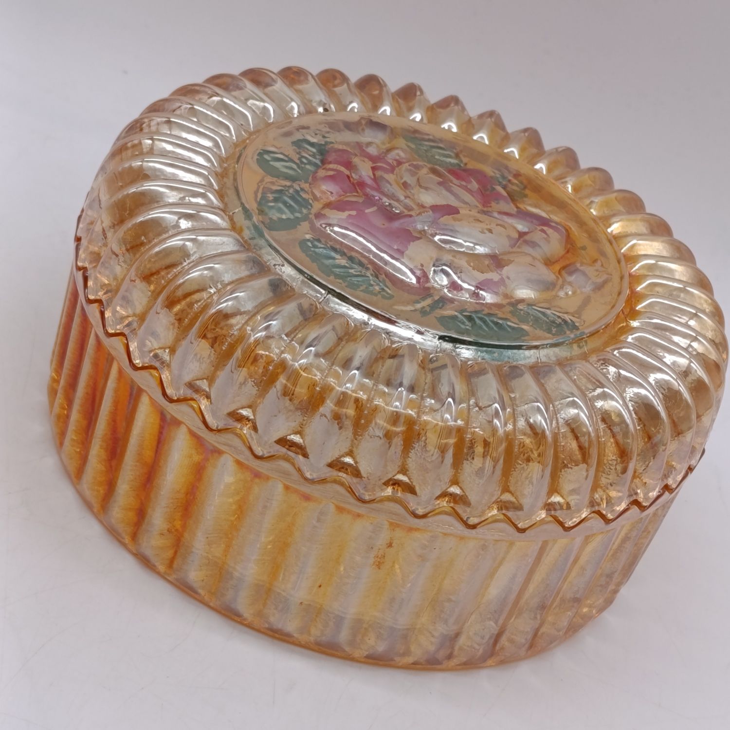 Jeannette Glass Marigold Iridescent Carnival glass covered powder candy - small chip in lid