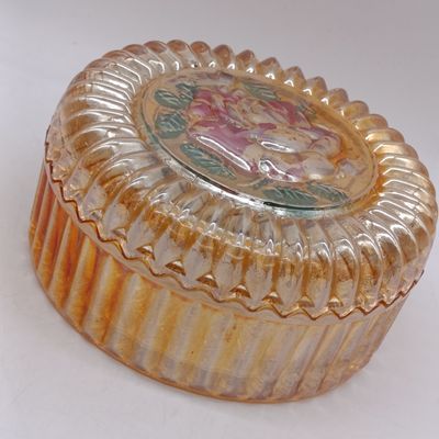 Jeannette Glass Marigold Iridescent Carnival glass covered powder candy - small chip in lid