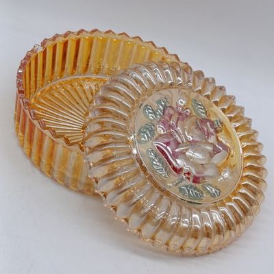 Jeannette Glass Marigold Iridescent Carnival glass covered powder candy - small chip in lid