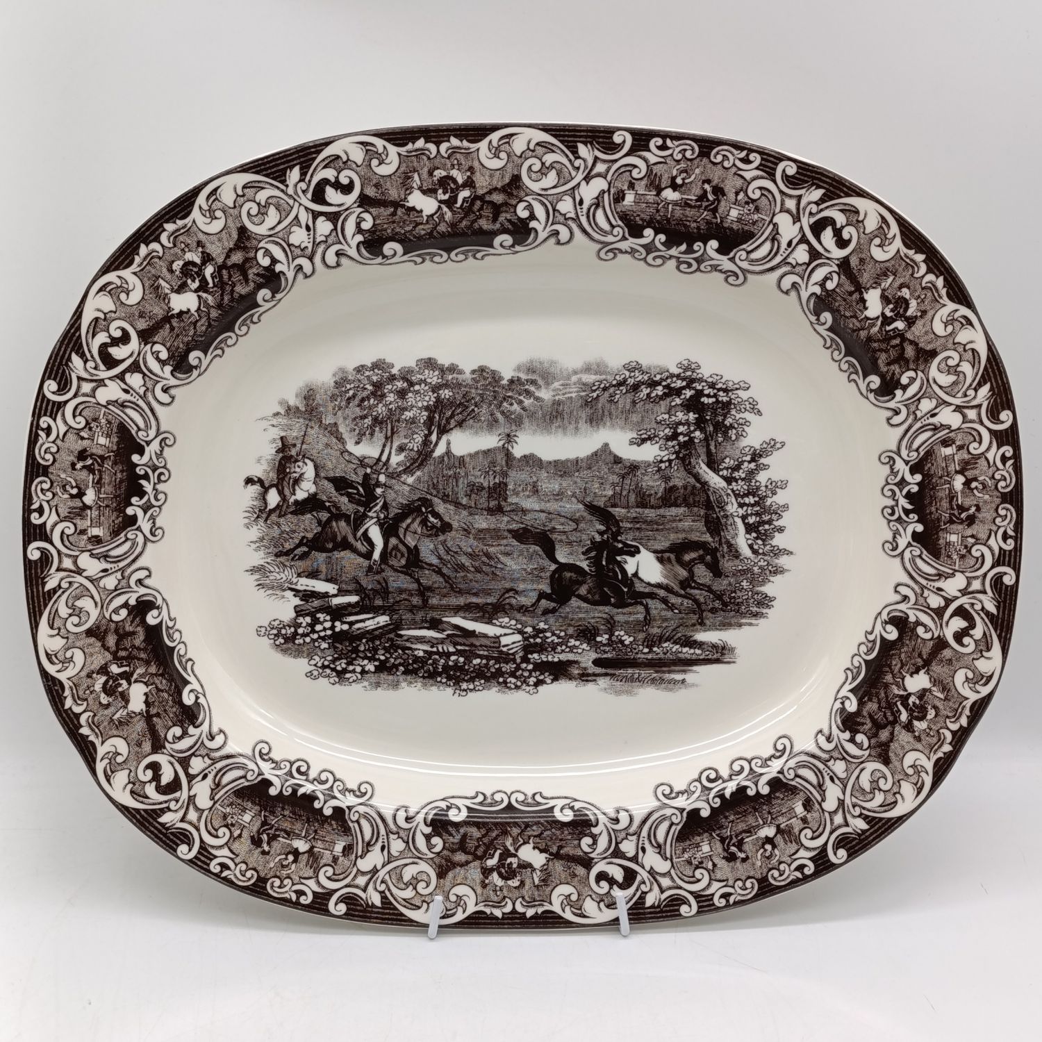 Vintage English Brown transferware oval platter - horseback riders trying to lasso wild horses