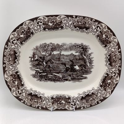 Vintage English Brown transferware oval platter - horseback riders trying to lasso wild horses