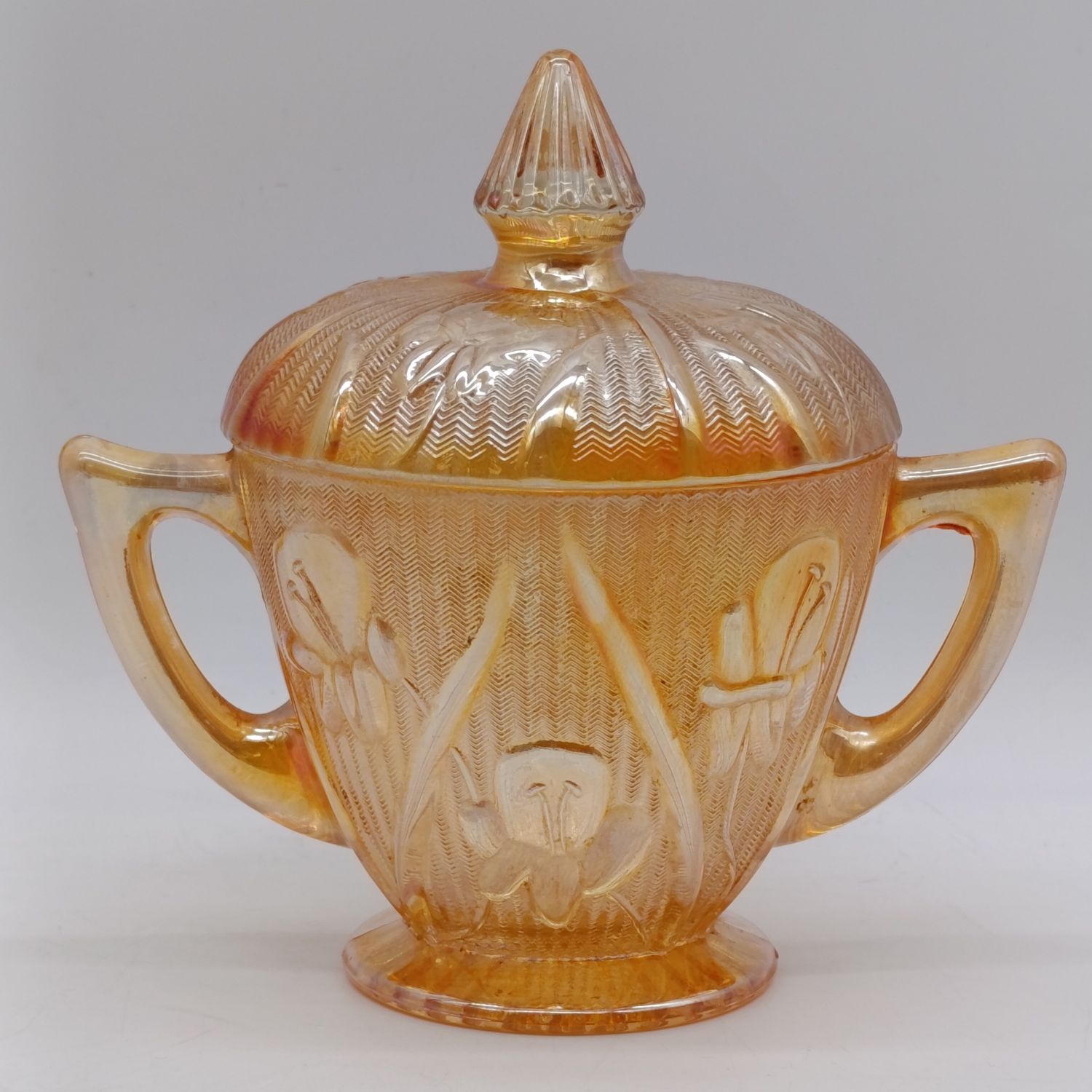 Jeanette glass sugar bowl with lid - Iris and Herringbone pattern (1928-1932) Marigold Iridescent Carnival Glass