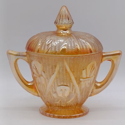 Jeanette glass sugar bowl with lid - Iris and Herringbone pattern (1928-1932) Marigold Iridescent Carnival Glass