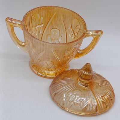 Jeanette glass sugar bowl with lid - Iris and Herringbone pattern (1928-1932) Marigold Iridescent Carnival Glass