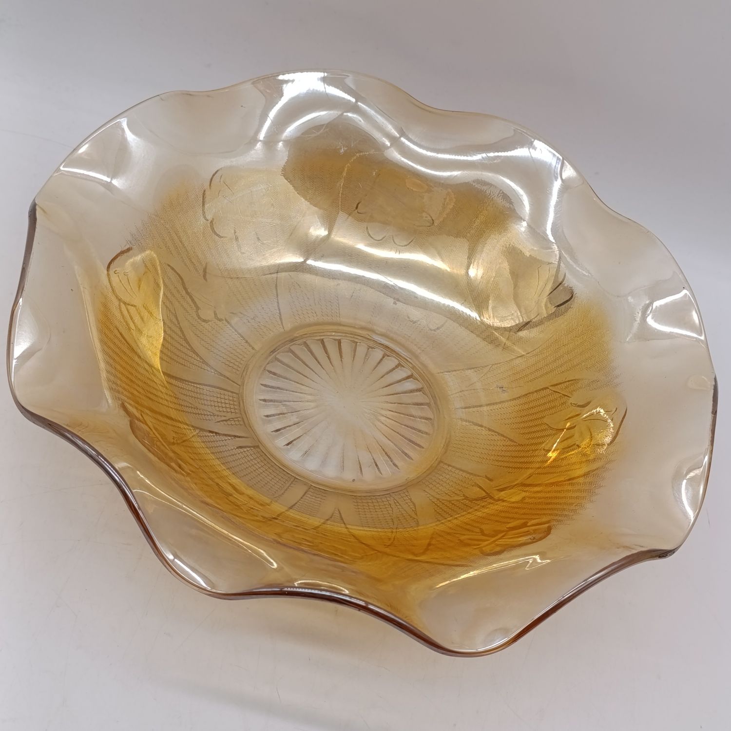 Jeannette glass Iris and Herringbone pattern Marigold Iridescent Carnival glass - Ruffled bowl - center piece bowl