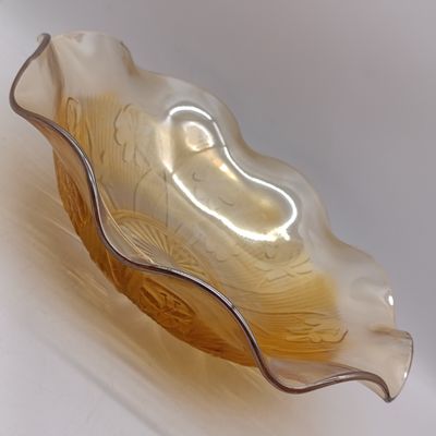 Jeannette glass Iris and Herringbone pattern Marigold Iridescent Carnival glass - Ruffled bowl - center piece bowl