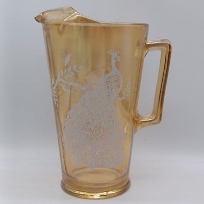 Vintage Jeannette glass Company iridescent marigold carnival glass milk jug/pitcher with peacock design