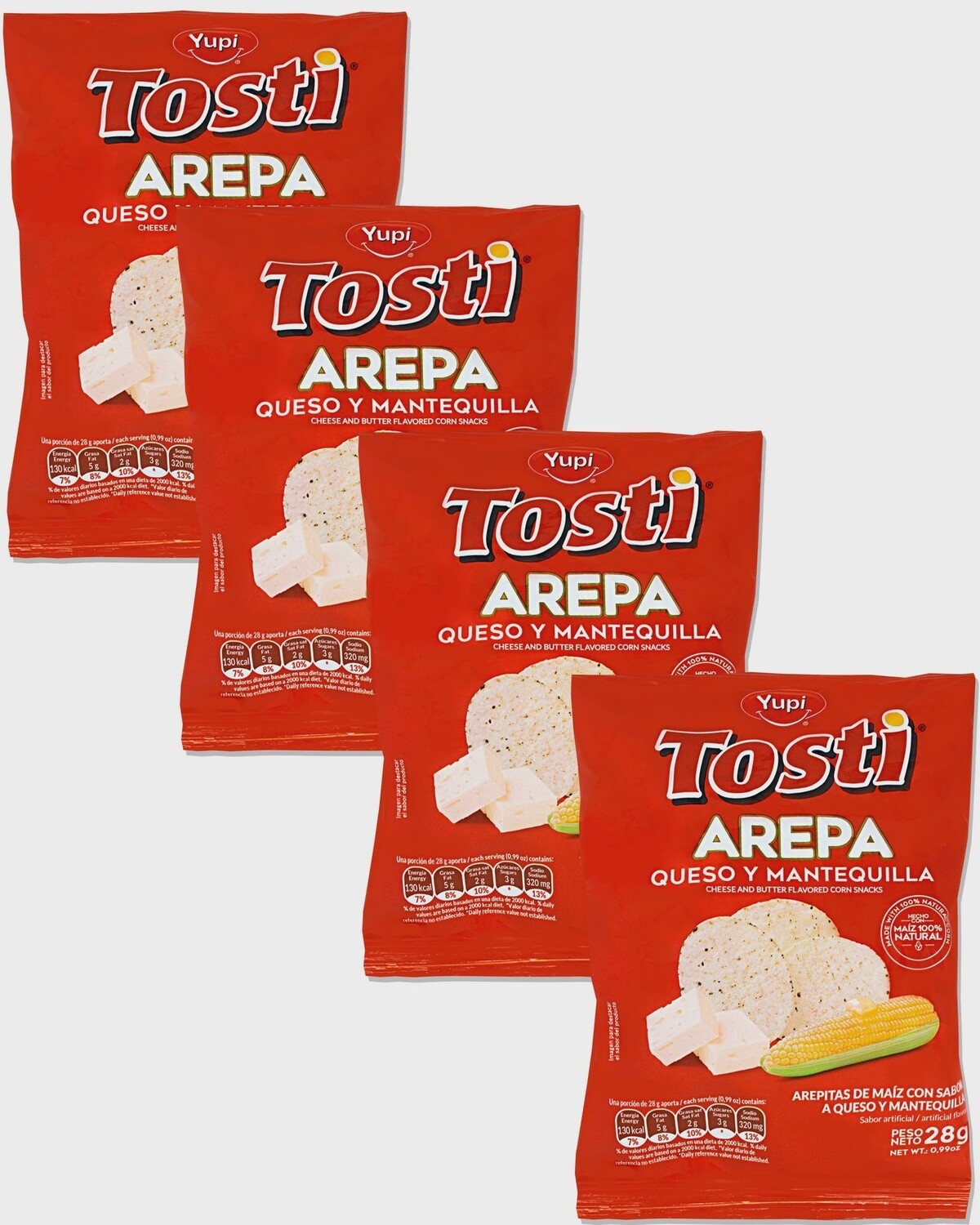 Tosti Arepa Queso y Mantequilla 28g, Size: 12 Pack