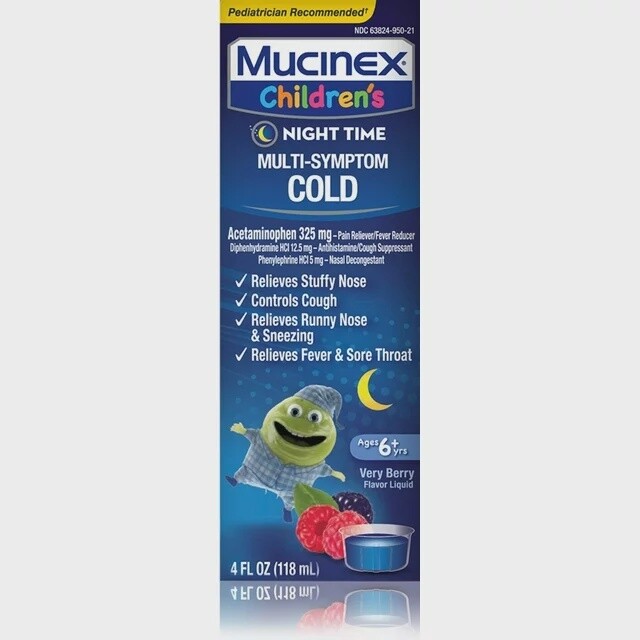 MUCINEX children’s Night Time, Multi- Symptom COLD, Age 6+yrs, Very Berry, 118 ml