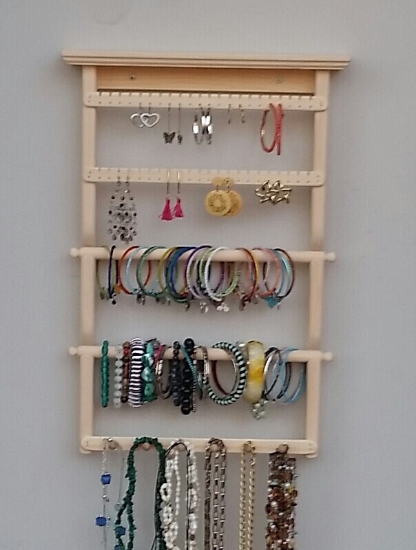 Jewelry Organizer wall mount with 2 slats, 2 bars, 1 necklace holder - Unstained/Unfinished