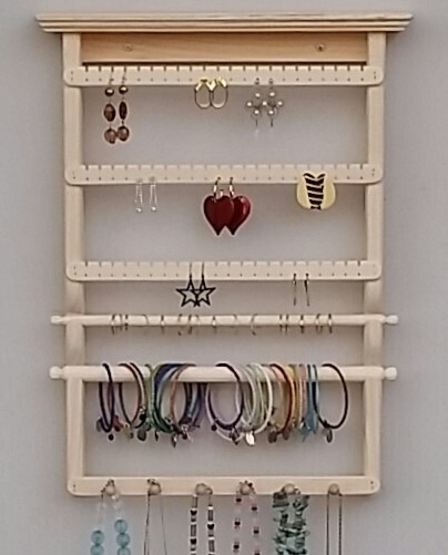 Jewelry Display wall mount with 3 slats, 1 ring bar, 1 bracelet bar, 1 necklace bar - Unstained/Unfinished