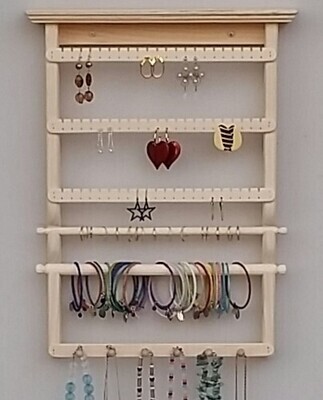 Wall Mount with three slats, ring bar, bracelet bar, one necklace - Unstained/Unfinished