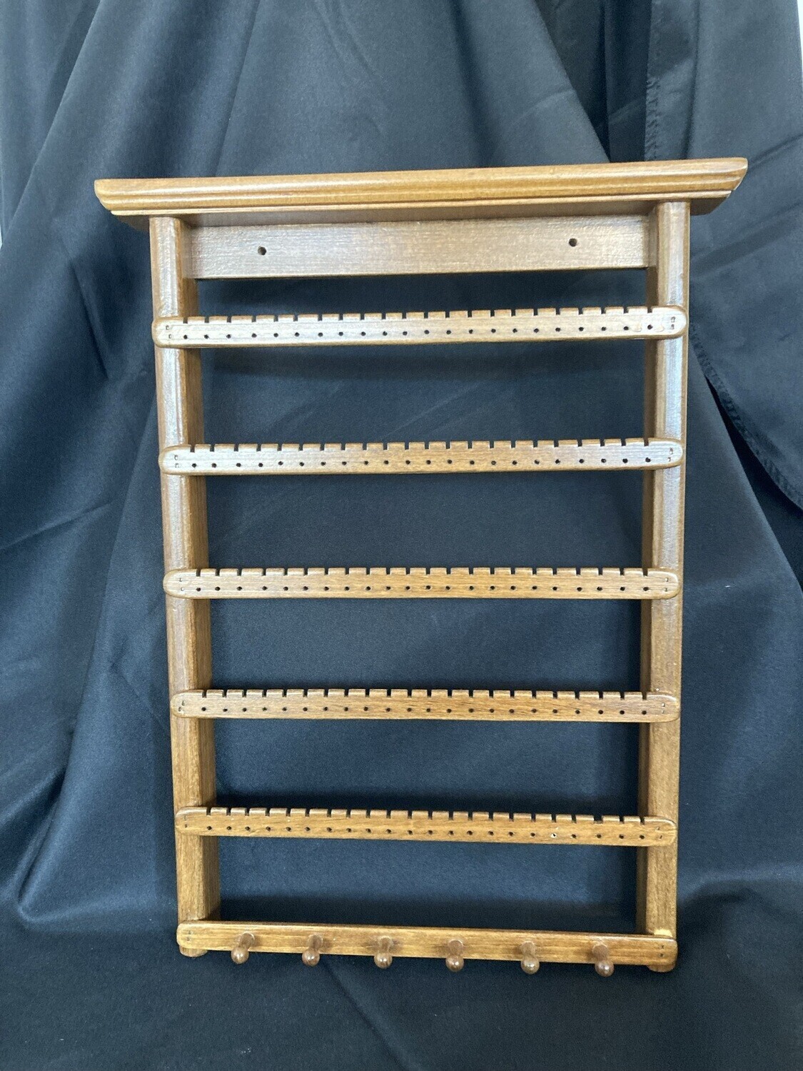 Earring Holder wall mount with five slats and one necklace holder - Golden Oak