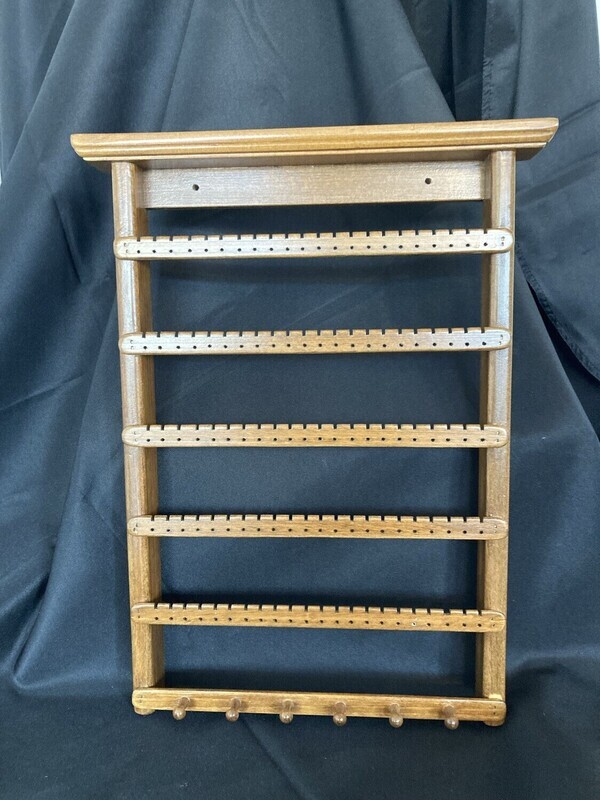 Earring Holder wall mount with five slats and one necklace holder - Golden Oak