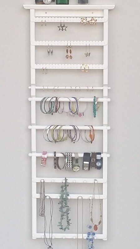 Jewelry Organizer wall mount with 3 slats, 3 bracelet bars, 1 ring bar, 2 6-peg necklace bars, 1 5-peg necklace bar - White