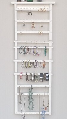 Wall mount with 3 slats, 3 bracelet bars, 1 ring bar, 2 6-peg necklace bars, 1 5-peg necklace bar - White